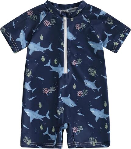 Newborn Infant Baby Boy Girls Shark One Piece Swimsuit Short Sleeve Zip Up Rash Guard Swimwear Beach Bathing Suits in Saudi Arabia