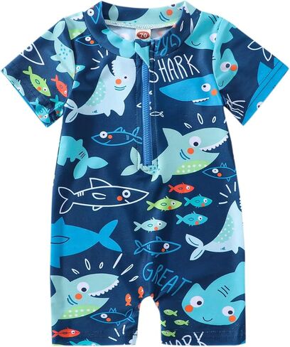 Newborn Infant Baby Boy Girls Shark One Piece Swimsuit Short Sleeve Zip Up Rash Guard Swimwear Beach Bathing Suits in Saudi Arabia
