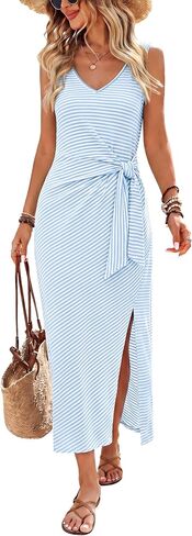 OFEEFAN Summer Dresses for Women 2026 V Neck Sleeveless Casual Dress Elegant Work Long Midi Dresses for Women Tie Waist in Kuwait