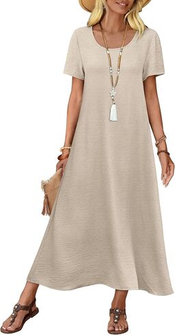 OFEEFAN Womens Maxi Dresses Flowy Casual Long Dress Short Sleeve Summer Beach Vacation Lightweight Sundresse with Pocket in Kuwait