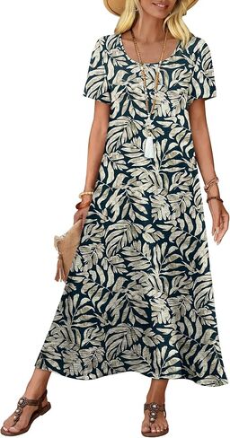 OFEEFAN Womens Maxi Dresses Flowy Casual Long Dress Short Sleeve Summer Beach Vacation Lightweight Sundresse with Pocket in Kuwait