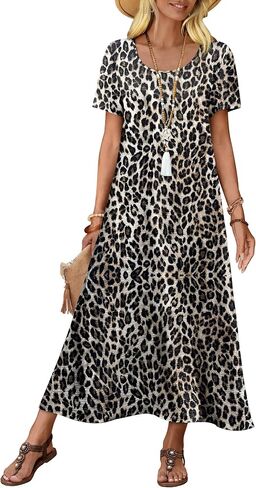 OFEEFAN Womens Maxi Dresses Flowy Casual Long Dress Short Sleeve Summer Beach Vacation Lightweight Sundresse with Pocket in Kuwait