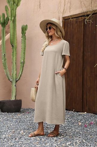 OFEEFAN Womens Maxi Dresses Flowy Casual Long Dress Short Sleeve Summer Beach Vacation Lightweight Sundresse with Pocket in Kuwait
