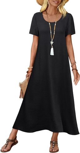 OFEEFAN Womens Maxi Dresses Flowy Casual Long Dress Short Sleeve Summer Beach Vacation Lightweight Sundresse with Pocket in Kuwait