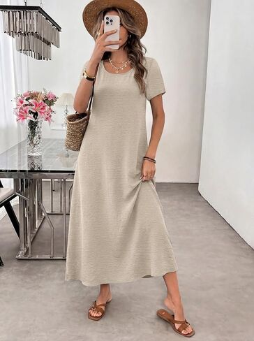 OFEEFAN Womens Maxi Dresses Flowy Casual Long Dress Short Sleeve Summer Beach Vacation Lightweight Sundresse with Pocket in Kuwait