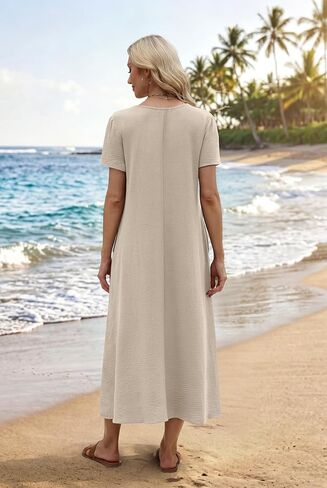 OFEEFAN Womens Maxi Dresses Flowy Casual Long Dress Short Sleeve Summer Beach Vacation Lightweight Sundresse with Pocket in Kuwait