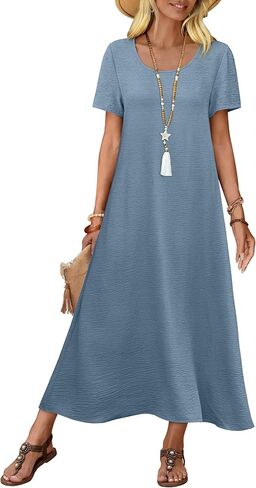 OFEEFAN Womens Maxi Dresses Flowy Casual Long Dress Short Sleeve Summer Beach Vacation Lightweight Sundresse with Pocket in Kuwait