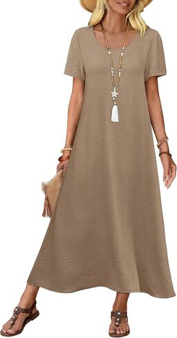 OFEEFAN Womens Maxi Dresses Flowy Casual Long Dress Short Sleeve Summer Beach Vacation Lightweight Sundresse with Pocket in Kuwait