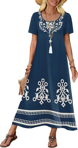 OFEEFAN Womens Maxi Dresses Flowy Casual Long Dress Short Sleeve Summer Beach Vacation Lightweight Sundresse with Pocket in Kuwait