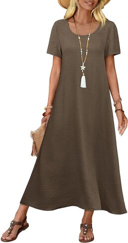 OFEEFAN Womens Maxi Dresses Flowy Casual Long Dress Short Sleeve Summer Beach Vacation Lightweight Sundresse with Pocket in Kuwait