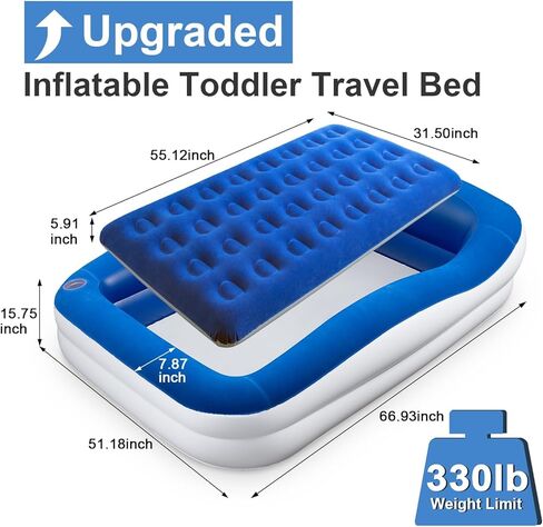 Inflatable Toddler Travel Bed – Portable Toddler Bed with Safety Bumpers, Toddler Floor Bed for Travel, Camping, Sleepovers – Kids Blow Up Bed with Pump & Carry Bag in Kuwait