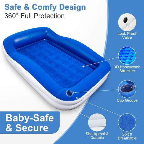 Inflatable Toddler Travel Bed – Portable Toddler Bed with Safety Bumpers, Toddler Floor Bed for Travel, Camping, Sleepovers – Kids Blow Up Bed with Pump & Carry Bag in Kuwait