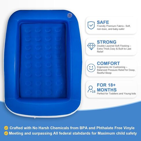 Inflatable Toddler Travel Bed – Portable Toddler Bed with Safety Bumpers, Toddler Floor Bed for Travel, Camping, Sleepovers – Kids Blow Up Bed with Pump & Carry Bag in Kuwait