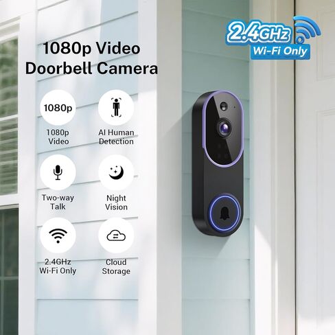 Smart 1080p Video Doorbell Camera with Doorbell Receiver, Live View, AI Human Detection, 2-Way Audio, Night Vision, Cloud Storage (Sold Separately), 2.4G WiFi, Hidden Security in Kuwait