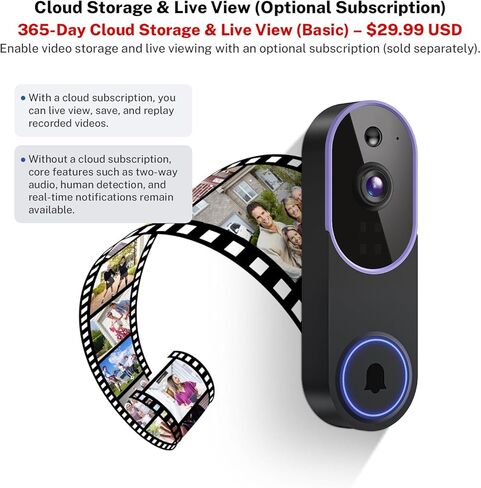 Smart 1080p Video Doorbell Camera with Doorbell Receiver, Live View, AI Human Detection, 2-Way Audio, Night Vision, Cloud Storage (Sold Separately), 2.4G WiFi, Hidden Security in Kuwait