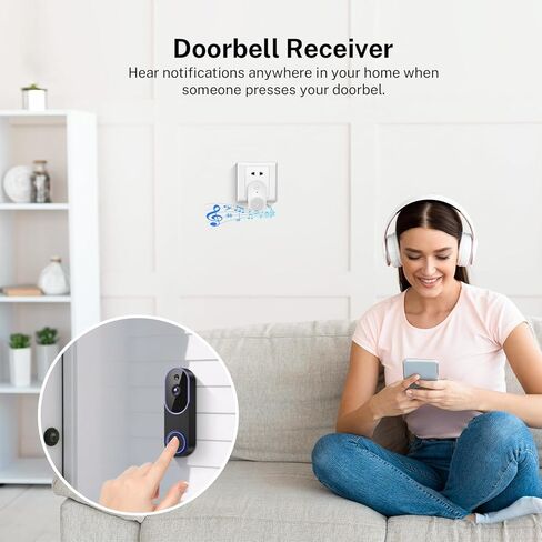 Smart 1080p Video Doorbell Camera with Doorbell Receiver, Live View, AI Human Detection, 2-Way Audio, Night Vision, Cloud Storage (Sold Separately), 2.4G WiFi, Hidden Security in Kuwait