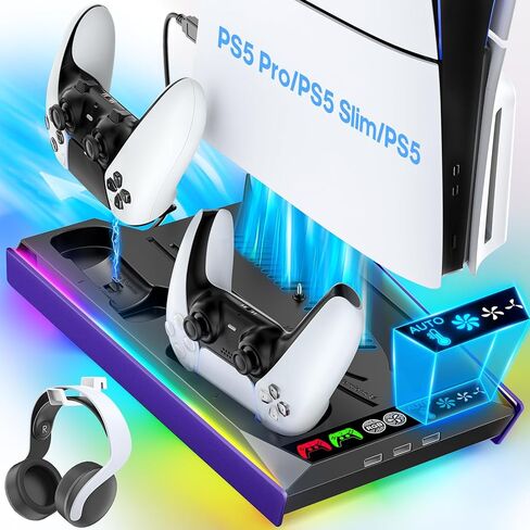 PS5/Slim/Pro Cooling Station with Auto Turbofan & 3-Level Speed, PS5 Stand, Cooling Fan Station with Controller Charger, Charging Station for All PlayStation 3 Console, Cooling Stand Accessories in Saudi Arabia