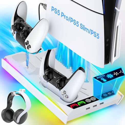 PS5/Slim/Pro Cooling Station with Auto Turbofan & 3-Level Speed, PS5 Stand, Cooling Fan Station with Controller Charger, Charging Station for All PlayStation 3 Console, Cooling Stand Accessories in Saudi Arabia