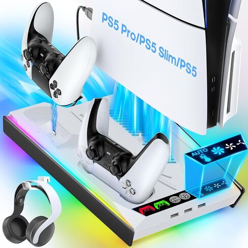 PS5/Slim/Pro Cooling Station with Auto Turbofan & 3-Level Speed, PS5 Stand, Cooling Fan Station with Controller Charger, Charging Station for All PlayStation 3 Console, Cooling Stand Accessories in Saudi Arabia