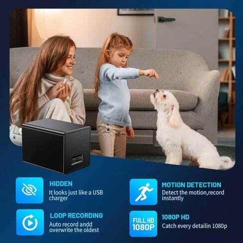 Hidden Spy Camera, USB Charger Camera, 1080P HD, WiFi, Motion Detection, Indoor Home Security Nanny Cam, Black, AC Powered in Kuwait
