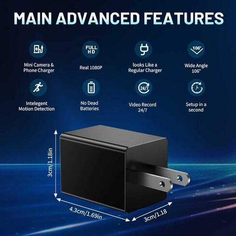 Hidden Spy Camera, USB Charger Camera, 1080P HD, WiFi, Motion Detection, Indoor Home Security Nanny Cam, Black, AC Powered in Kuwait