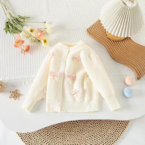 Toddler Girl Cardigan - Cute Bow Knit Long Sleeve Crewneck Cropped Sweater, 2-7 Years Outwear in Saudi Arabia