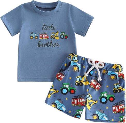 Brother Matching Outfit Toddler Baby Boy Summer Clothes Vehicles Print Short Sleeve T-Shirt & Shorts Set in Kuwait