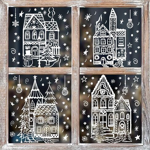 Window Clings for Glass Windows,4 Sheets Winter House Window Decals White Simple Style for Home Cafe Shopping Mall Glass Door Christmas Decor in Kuwait