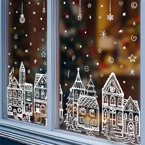 Window Clings for Glass Windows,4 Sheets Winter House Window Decals White Simple Style for Home Cafe Shopping Mall Glass Door Christmas Decor in Kuwait