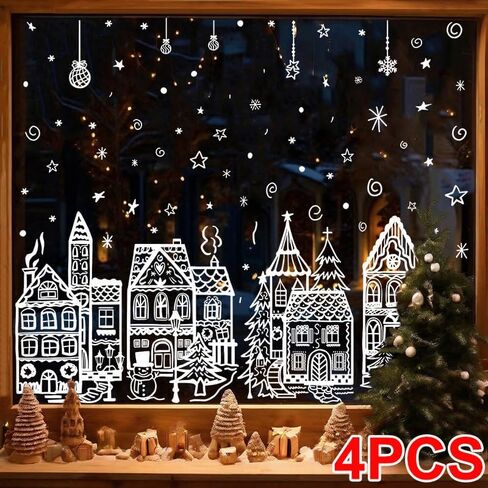 Window Clings for Glass Windows,4 Sheets Winter House Window Decals White Simple Style for Home Cafe Shopping Mall Glass Door Christmas Decor in Kuwait