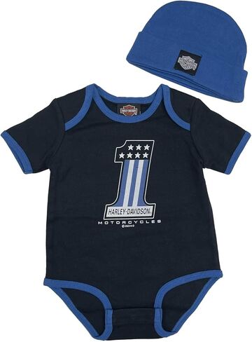 Harley-Davidson Baby Boys' Baby Ringer Creeper مع قبعة صغيرة - أسود/أزرق in Kuwait