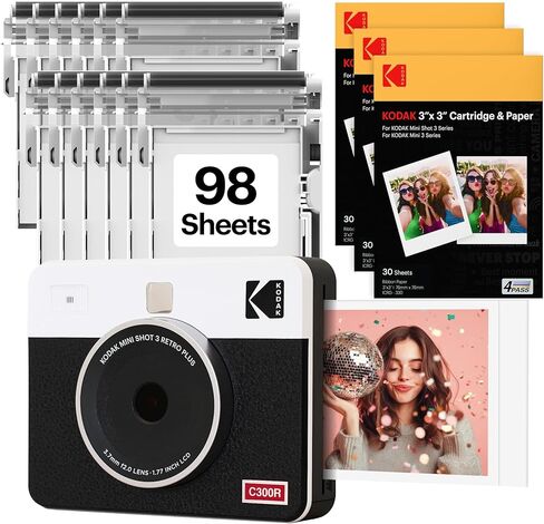 KODAK Mini Shot 3 Retro 3x3 بوصة كاميرا رقمية فورية وطابعة صور، 98 ورقة، كاميرا طباعة محمولة 2 في 1، طابعة بلوتوث للهواتف الذكية لنظام iOS وAndroid، 4PASS صبغ التسامي، أبيض in Kuwait