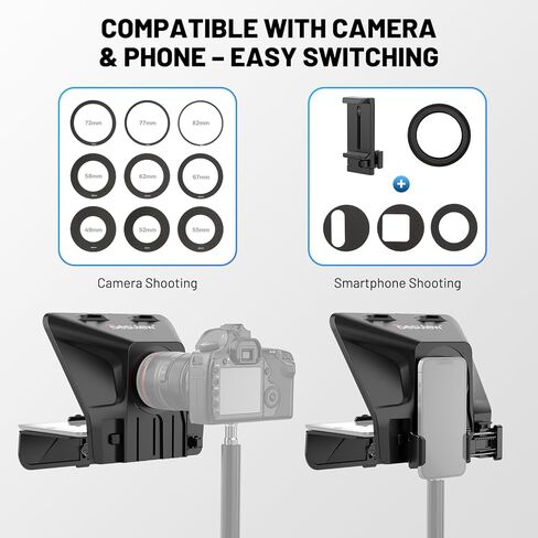 جهاز Desview T5 Teleprompter للهواتف الذكية/الكمبيوتر اللوحي مقاس 11 بوصة/DSLR، حلقات محول 49-82 مم، زجاج مطلي متين، جهاز تحكم عن بعد بلوتوث وتطبيق مجاني، للبث المباشر/يوتيوب/مدونات الفيديو/تسجيل الفيديو in Kuwait