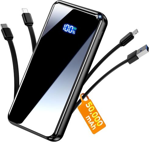 شاحن محمول، كابل بنك طاقة مدمج بقدرة 50000 مللي أمبير في الساعة، شحن سريع 22.5 وات PD USB C داخلي وخارجي، حزمة بطارية خارجية مع 6 مخارج ومدخلين، ضروري للسفر لهاتف iPhone 17/16/15/14/13/12 - رمادي in Kuwait