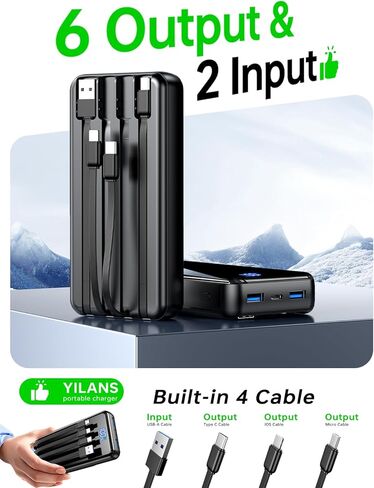 شاحن محمول، كابل بنك طاقة مدمج بقدرة 50000 مللي أمبير في الساعة، شحن سريع 22.5 وات PD USB C داخلي وخارجي، حزمة بطارية خارجية مع 6 مخارج ومدخلين، ضروري للسفر لهاتف iPhone 17/16/15/14/13/12 - رمادي in Kuwait