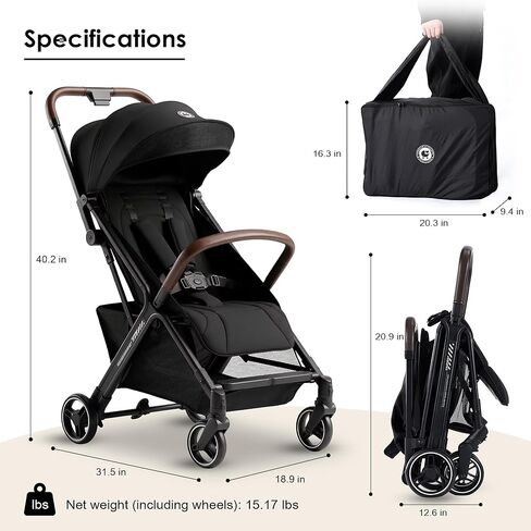 Lightweight Travel Stroller, One-Hand Fold Airplane Carry-On, Compact Baby & Toddler Stroller with Cup & Phone Holder, 6.6 lbs Capacity Basket, Adjustable Reclining Backrest, Black in Kuwait