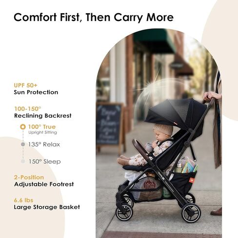 Lightweight Travel Stroller, One-Hand Fold Airplane Carry-On, Compact Baby & Toddler Stroller with Cup & Phone Holder, 6.6 lbs Capacity Basket, Adjustable Reclining Backrest, Black in Kuwait