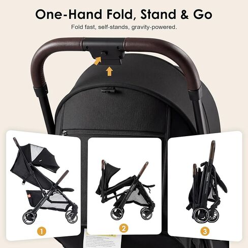 Lightweight Travel Stroller, One-Hand Fold Airplane Carry-On, Compact Baby & Toddler Stroller with Cup & Phone Holder, 6.6 lbs Capacity Basket, Adjustable Reclining Backrest, Black in Kuwait