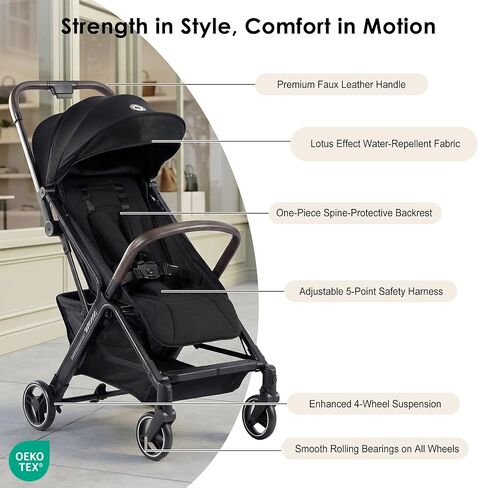 Lightweight Travel Stroller, One-Hand Fold Airplane Carry-On, Compact Baby & Toddler Stroller with Cup & Phone Holder, 6.6 lbs Capacity Basket, Adjustable Reclining Backrest, Black in Kuwait