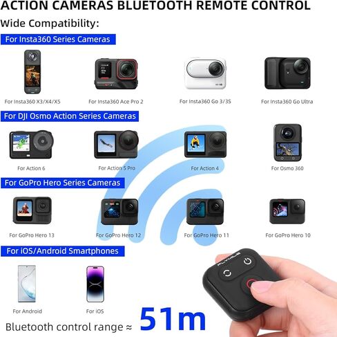 جهاز تحكم عن بعد بلوتوث لـ Insta360 X5/X4/X3/ACE Pro 2/Go 3s، جهاز تحكم ذكي مقاوم للماء بمدى 51 متر لـ GoPro Hero 13/12/11/10/9/8، لـ DJ Osmo Action 6/5 Pro/4/3/360 وملحقات الهاتف in Kuwait