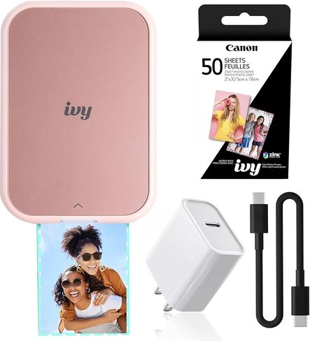 طابعة صور Canon Ivy 2 Mini باللون الأبيض النقي، طابعة بلوتوث محمولة لنظام iOS وAndroid، مطبوعات صور Zink 2x3 لاصقة من الخلف، حجم صغير للسفر (5452C018) + 2 × ورق صور Zink (50 ورقة) + المزيد in Kuwait
