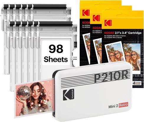 طابعة صور محمولة KODAK Mini 2 Retro 2x3، 98 ورقة، طابعة بلوتوث للهواتف الذكية لهواتف iPhone وAndroid، مطبوعات ملونة فورية، صبغ التسامي 4PASS، أبيض in Kuwait