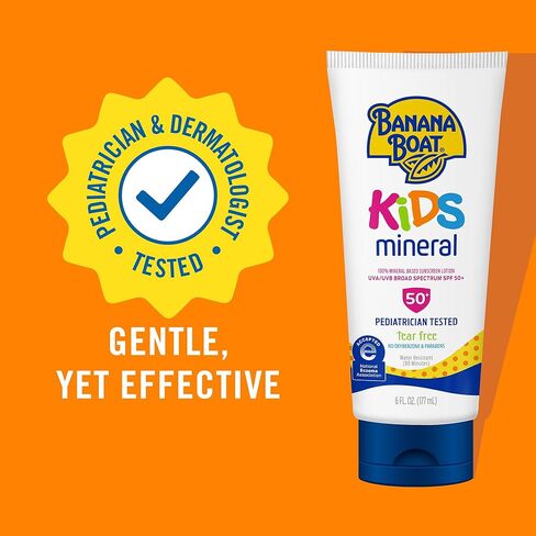 Banana Boat 100% Mineral Kids Sunscreen Lotion SPF 50, Twin Pack | Banana Boat Mineral Sunscreen for Kids, Childrens Sunblock SPF 50, Oxybenzone Free, 6Fl Oz each (Pack of 2) in Kuwait