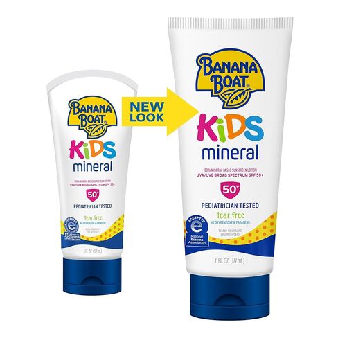 Banana Boat 100% Mineral Kids Sunscreen Lotion SPF 50, Twin Pack | Banana Boat Mineral Sunscreen for Kids, Childrens Sunblock SPF 50, Oxybenzone Free, 6Fl Oz each (Pack of 2) in Kuwait