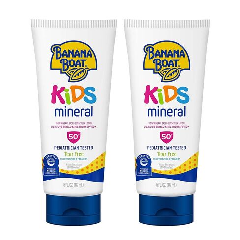 Banana Boat 100% Mineral Kids Sunscreen Lotion SPF 50, Twin Pack | Banana Boat Mineral Sunscreen for Kids, Childrens Sunblock SPF 50, Oxybenzone Free, 6Fl Oz each (Pack of 2) in Kuwait