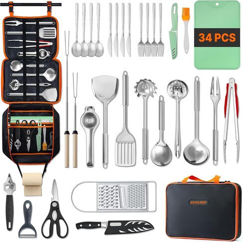Camping Cooking Utensil Set Camp Kitchen Utensils Kit with Organizer Case Bag, Portable RV Camping Cooking Essentials Cookouts Open Fire Pit Grilling Rotating Marshmallow Roasting Sticks BBQ Forks in Saudi Arabia