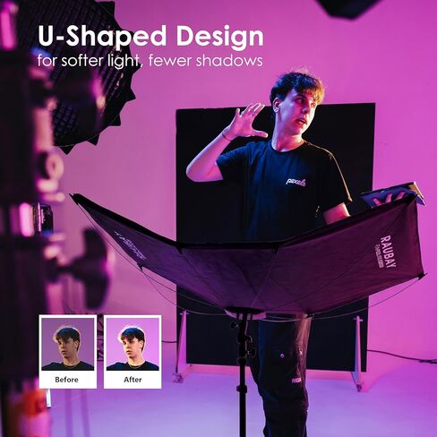 RAUBAY Quick-Open Curved Reflector, U-Shape Clamshell Light Reflector with 48in x 26in Photography Diffuser for Studio Portrait&Video Shooting, 4-in-1 Black/White/Silver/Gold, RAPIDLITE, CR-120 in Kuwait