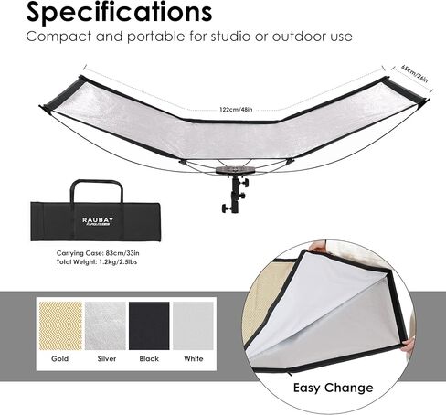 RAUBAY Quick-Open Curved Reflector, U-Shape Clamshell Light Reflector with 48in x 26in Photography Diffuser for Studio Portrait&Video Shooting, 4-in-1 Black/White/Silver/Gold, RAPIDLITE, CR-120 in Kuwait