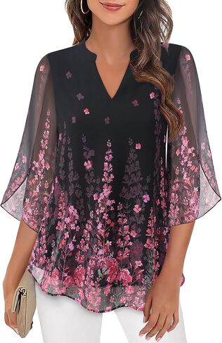 Bebonnie Womens Tops Dressy Casual Ruffle 3/4 Sleeve V Neck Double Layers Chiffon Blouses Tops in Kuwait