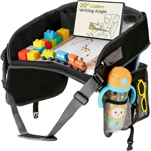 Kids Travel Tray for Car Lap Desk for Kids Ergonomic Elevated Angle Car Seat Tray with Cup Holder Storage Pockets Ideal Travel Essentials for Long Trips in Kuwait